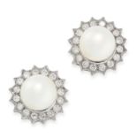 PAIR OF PEARL AND DIAMOND CLUSTER STUD EARRINGS mounted in 18ct white gold, each set with a