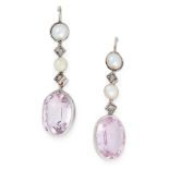 PAIR OF PINK TOURMALINE, PEARL AND DIAMOND EARRINGS, EARLY 20TH CENTURY mounted in platinum, each