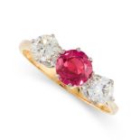 BURMA NO HEAT RUBY AND DIAMOND RING mounted in yellow and white gold, claw-set with a circular-cut