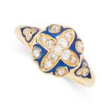 ANTIQUE ENAMEL AND DIAMOND RING, EARLY 20TH CENTURY mounted in yellow gold, set with cushion-