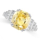 CEYLON NO HEAT YELLOW SAPPHIRE AND DIAMOND RING mounted in white gold, claw-set with a cushion-