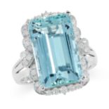 AQUAMARINE AND DIAMOND RING in 18ct white gold, set with an emerald cut aquamarine of 9.64 carats in