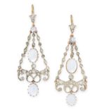 ANTIQUE PAIR OF MOONSTONE AND DIAMOND EARRINGS, LATE 19TH CENTRY each of pendent design, composed of