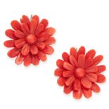 PAIR OF CORAL EARRINGS each composed of coral carved as a flower, hook fittings, unmarked, each 27mm