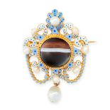 BANDED AGATE, ENAMEL, PEARL AND NATURAL PEARL BROOCH designed in the Renaissance revival style,