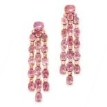 PAIR OF PINK TOURMALINE CHANDELIER EARRINGS mounted in 18ct yellow gold, each formed of three