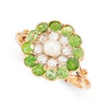 ANTIQUE DEMANTOID GARNET, PEARL AND DIAMOND RING, CIRCA 1900 mounted in 18 carat yellow gold, of