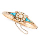 ANTIQUE PEARL AND TURQUOISE BANGLE, LATE 19TH CENTURY in yellow gold, set with a cluster of pearls