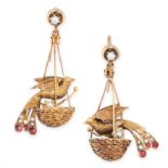 ANTIQUE PAIR OF SEED PEARL AND GARNET EARRINGS, SECOND HALF 19TH CENTURY each intricately modelled