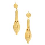 ANTIQUE PAIR OF EARRINGS, 19TH CENTURY in high carat yellow gold, the articulated, tapering bodies