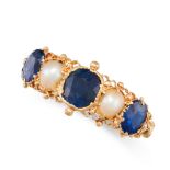 ANTIQUE SAPPHIRE AND HALF PEARL RING, LATE 19TH CENTURY mounted in yellow gold, set with three