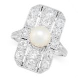 NATURAL PEARL AND DIAMOND RING designed as an open work plaque millegrain-set with circular-cut