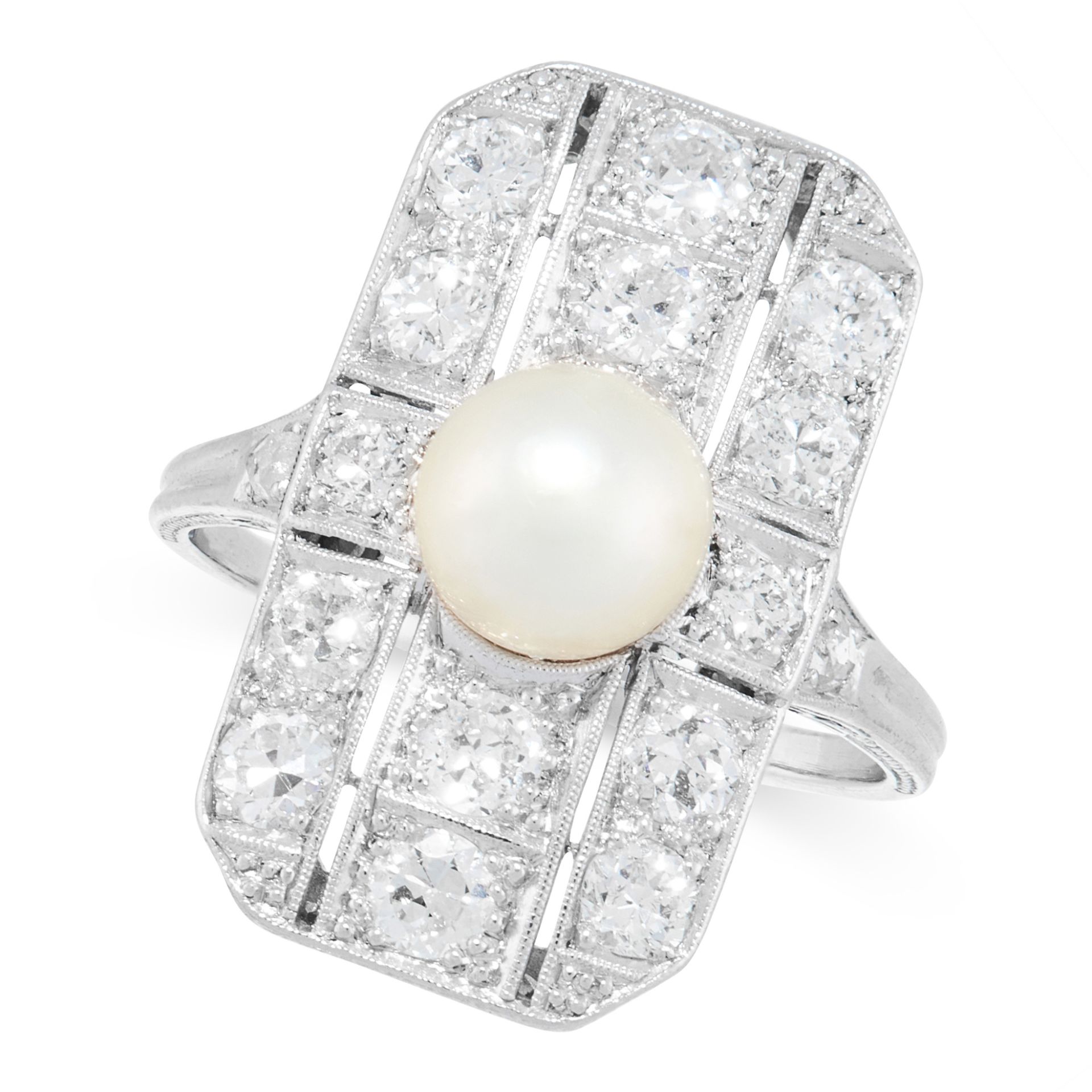 NATURAL PEARL AND DIAMOND RING designed as an open work plaque millegrain-set with circular-cut