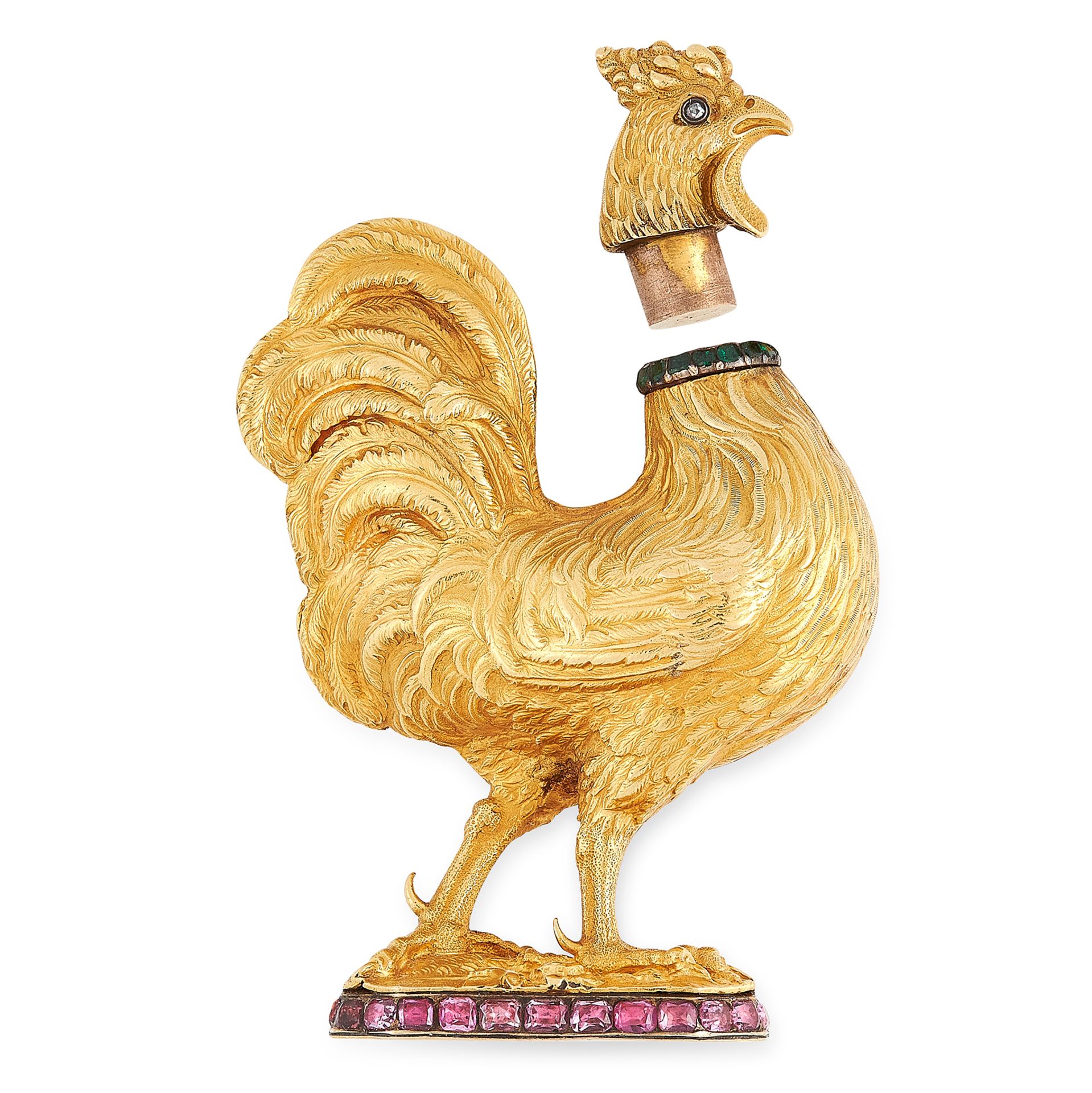 AN ANTIQUE RUBY, EMERALD AND DIAMOND COCKEREL STATUE, EARLY 20TH CENTURY possibly Chinese, in high