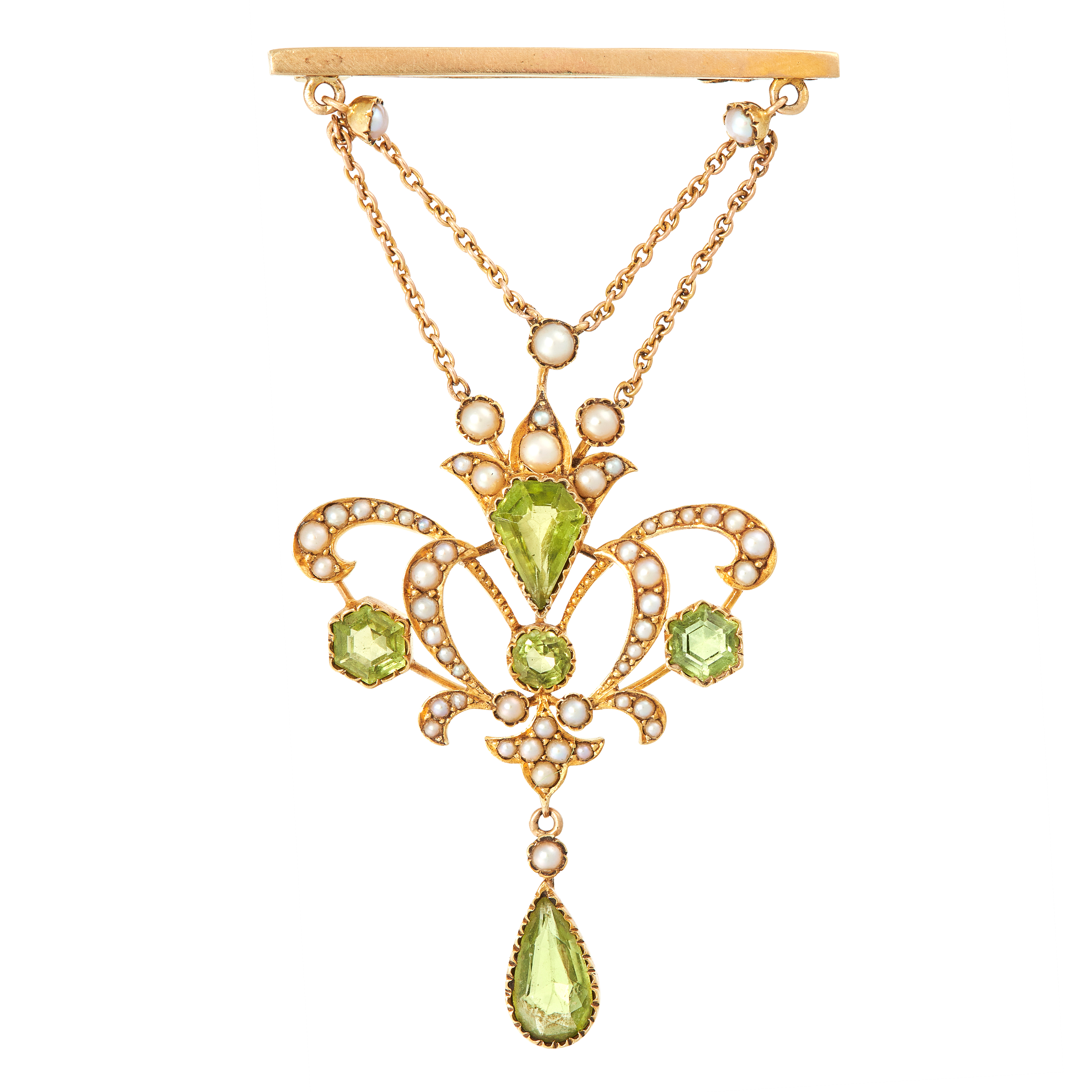 AN ANTIQUE PERIDOT AND PEARL BROOCH, EARLY 20TH CENTURY in yellow gold, formed of foliate