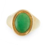 A NATURAL JADEITE JADE DRESS RING in 18ct yellow gold, the tapering band set with an oval jadeite