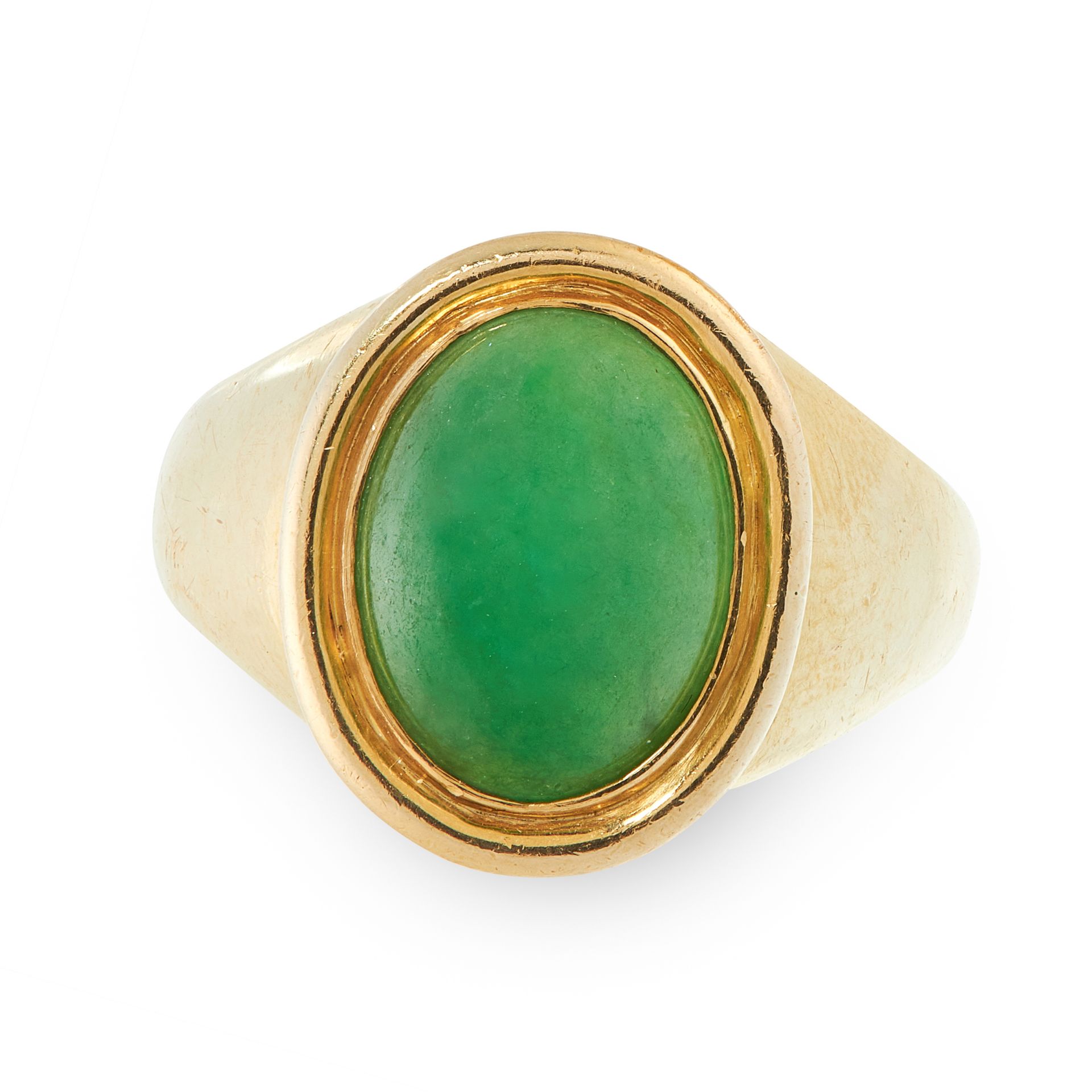 A NATURAL JADEITE JADE DRESS RING in 18ct yellow gold, the tapering band set with an oval jadeite