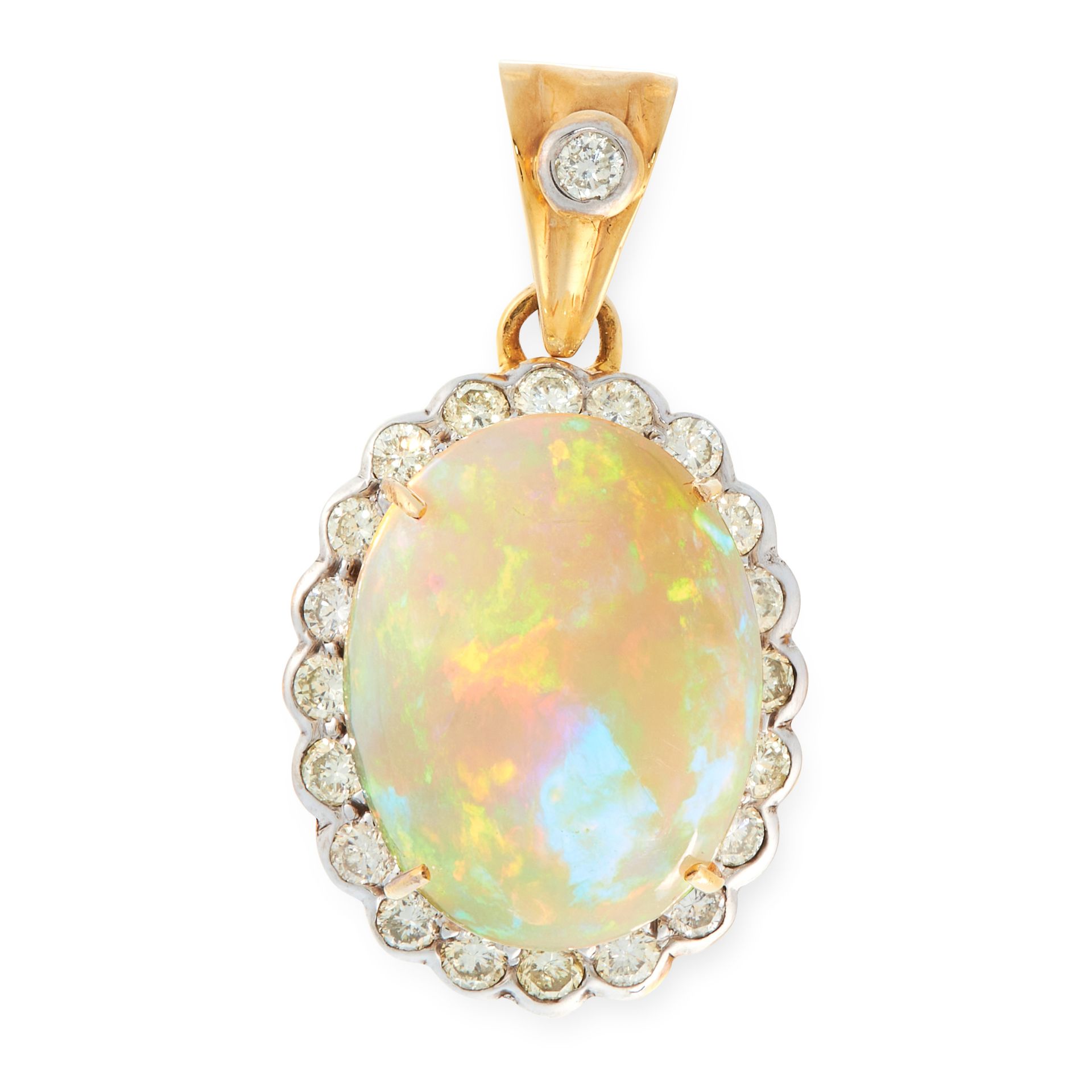 AN OPAL AND DIAMOND PENDANT in high carat yellow gold, set with an oval cabochon opal of 7.18 carats