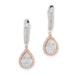 A PAIR OF DIAMOND DROP EARRINGS in 18ct white and rose gold, each set with a cluster of round cut