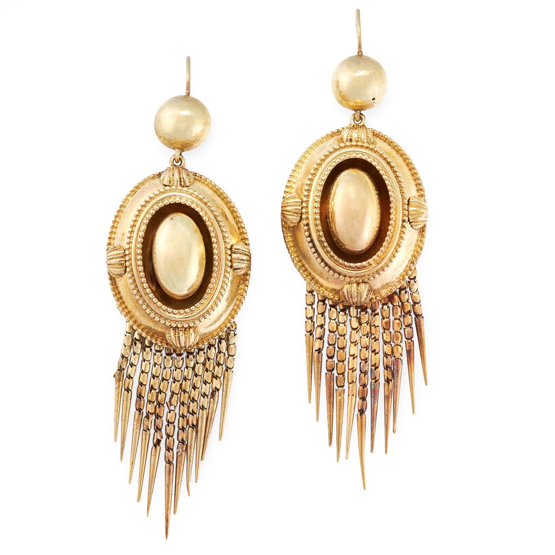 A PAIR OF ANTIQUE TASSEL EARRINGS, 19TH CENTURY in yellow gold, the oval bodies with beaded and