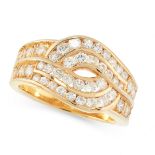 A DIAMOND DRESS RING in 18ct yellow gold, the knotted design set with rows of round cut diamonds all