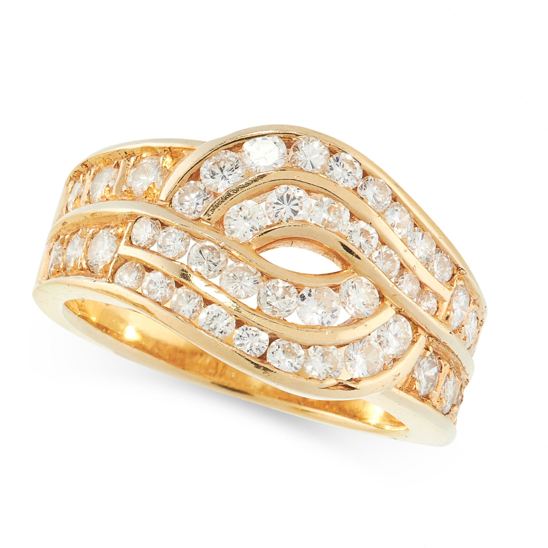 A DIAMOND DRESS RING in 18ct yellow gold, the knotted design set with rows of round cut diamonds all