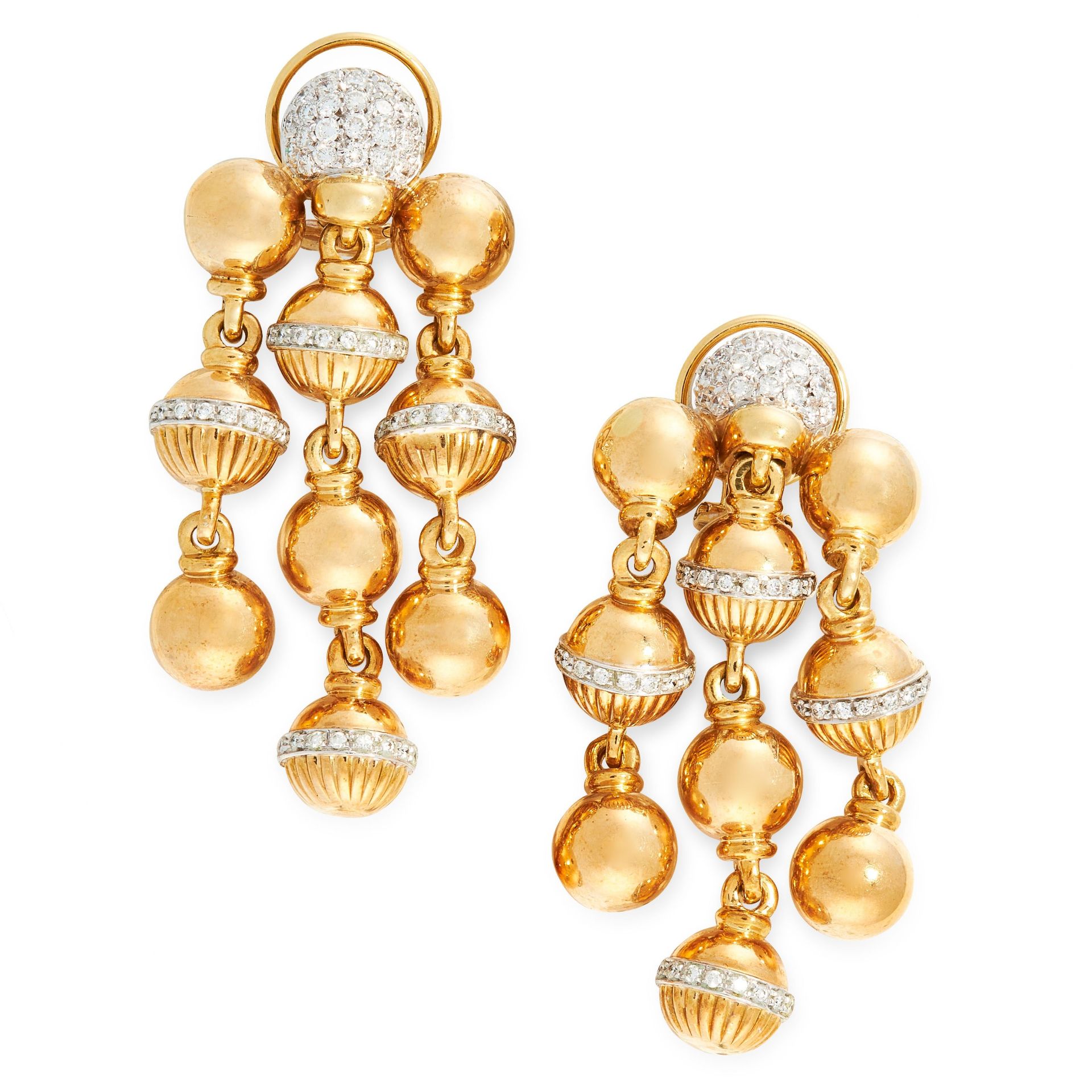 A PAIR OF DIAMOND CHANDELIER EARRINGS in 18ct yellow gold, each designed as three rows of gold