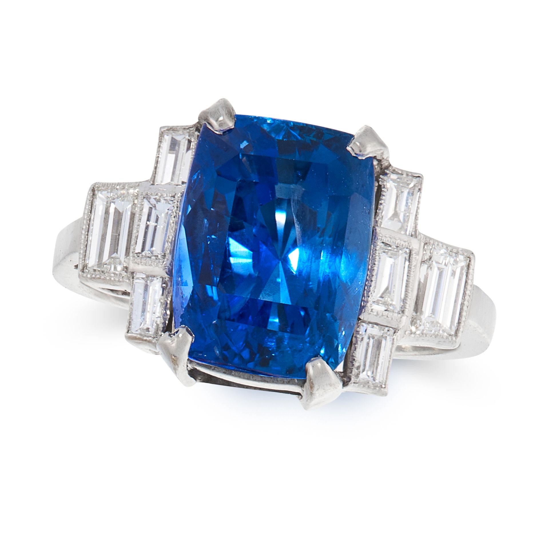 AN UNHEATED SAPPHIRE AND DIAMOND DRESS RING in platinum, set with a mixed step cut blue sapphire