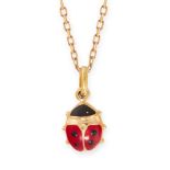 AN ENAMEL LADY BIRD PENDANT AND CHAIN in 18ct yellow gold, designed as a lady bird, with red and