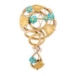 AN ANTIQUE TURQUOISE BROOCH, 19TH CENTURY in yellow gold, formed of leaves and vines, accented by
