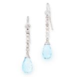 A PAIR OF AQUAMARINE AND DIAMOND EARRINGS in 18ct white gold, each set with a briolette cut