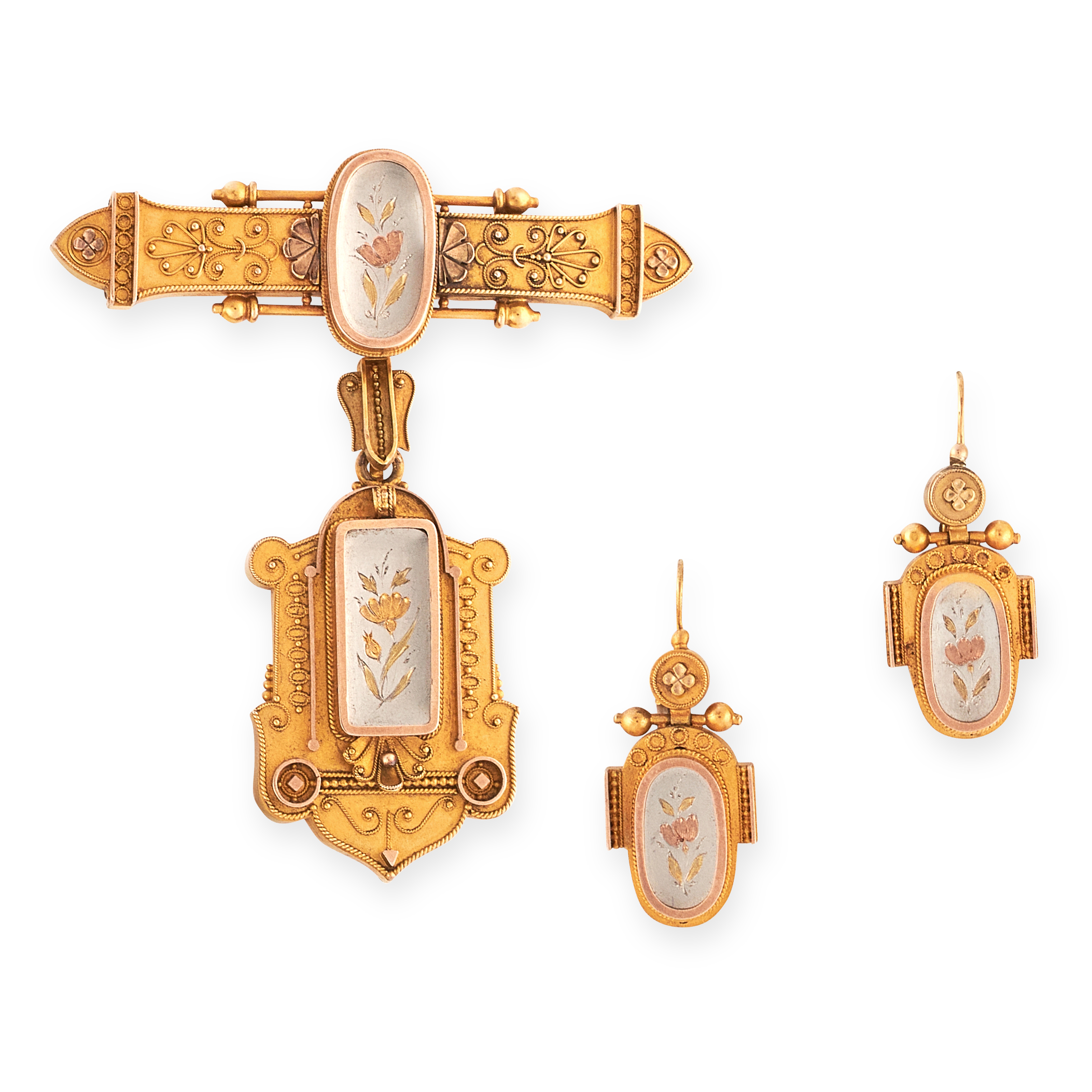AN ANTIQUE MOURNING LOCKET BROOCH AND EARRINGS SUITE, 19TH CENTURY in high carat yellow gold, in the