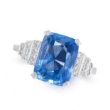 AN UNHEATED SAPPHIRE AND DIAMOND DRESS RING set with a cushion cut blue sapphire of 5.15 carats,