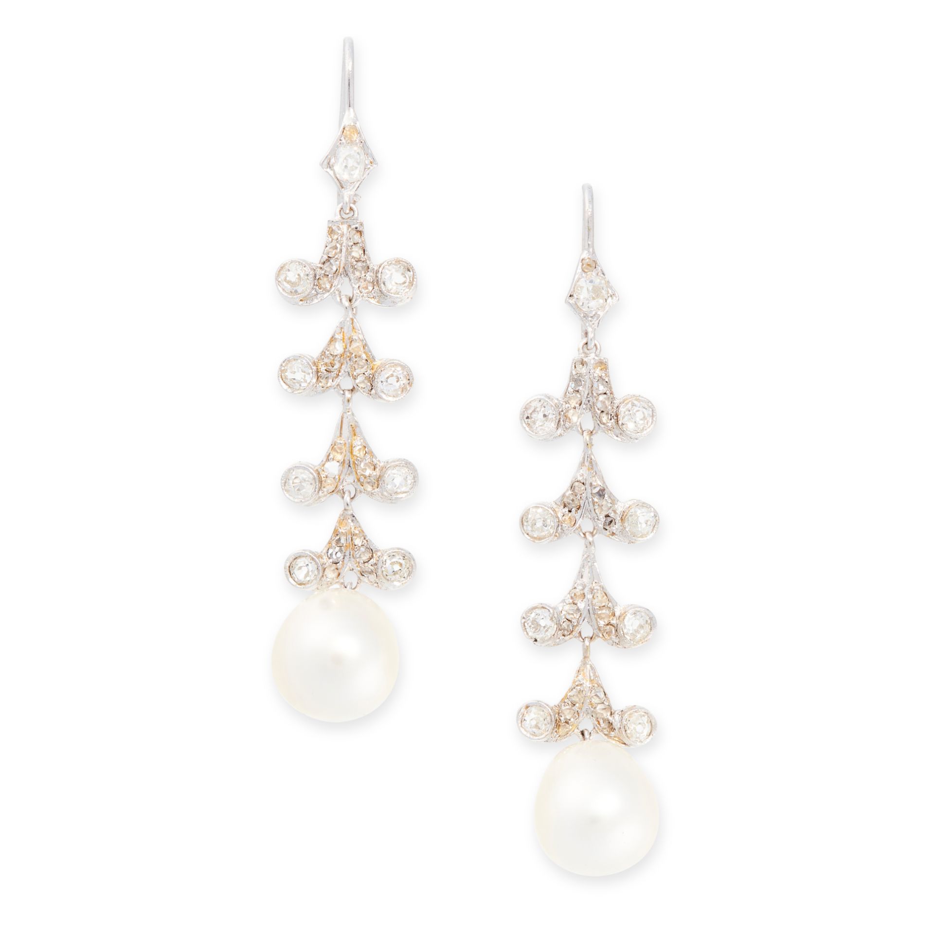 A PAIR OF PEARL AND DIAMOND EARRINGS each set with a pearl of 11.5mm, below scrolling links set with