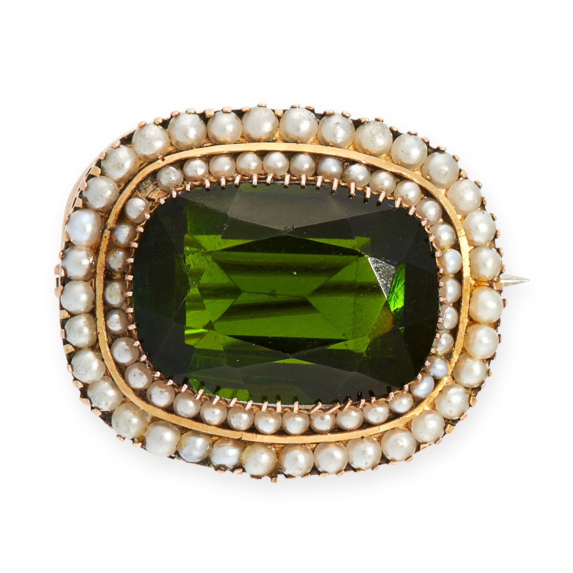 AN ANTIQUE GREEN TOURMALINE AND PEARL BROOCH, 19TH CENTURY in yellow gold, set with a cushion cut