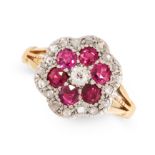 AN ANTIQUE RUBY AND DIAMOND DRESS RING in 18ct yellow gold and silver, set with a central old cut