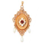 AN ANTIQUE GARNET AND PEARL MOURNING LOCKET PENDANT, 19TH CENTURY in 18ct yellow gold, the oval body