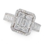 A DIAMOND DRESS RING in 18ct white gold, set with a cluster of baguette cut and round cut