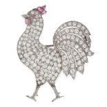 A DIAMOND AND RUBY COCKEREL BROOCH, EARLY 20TH CENTURY designed as a rooster / cockerel, jewelled