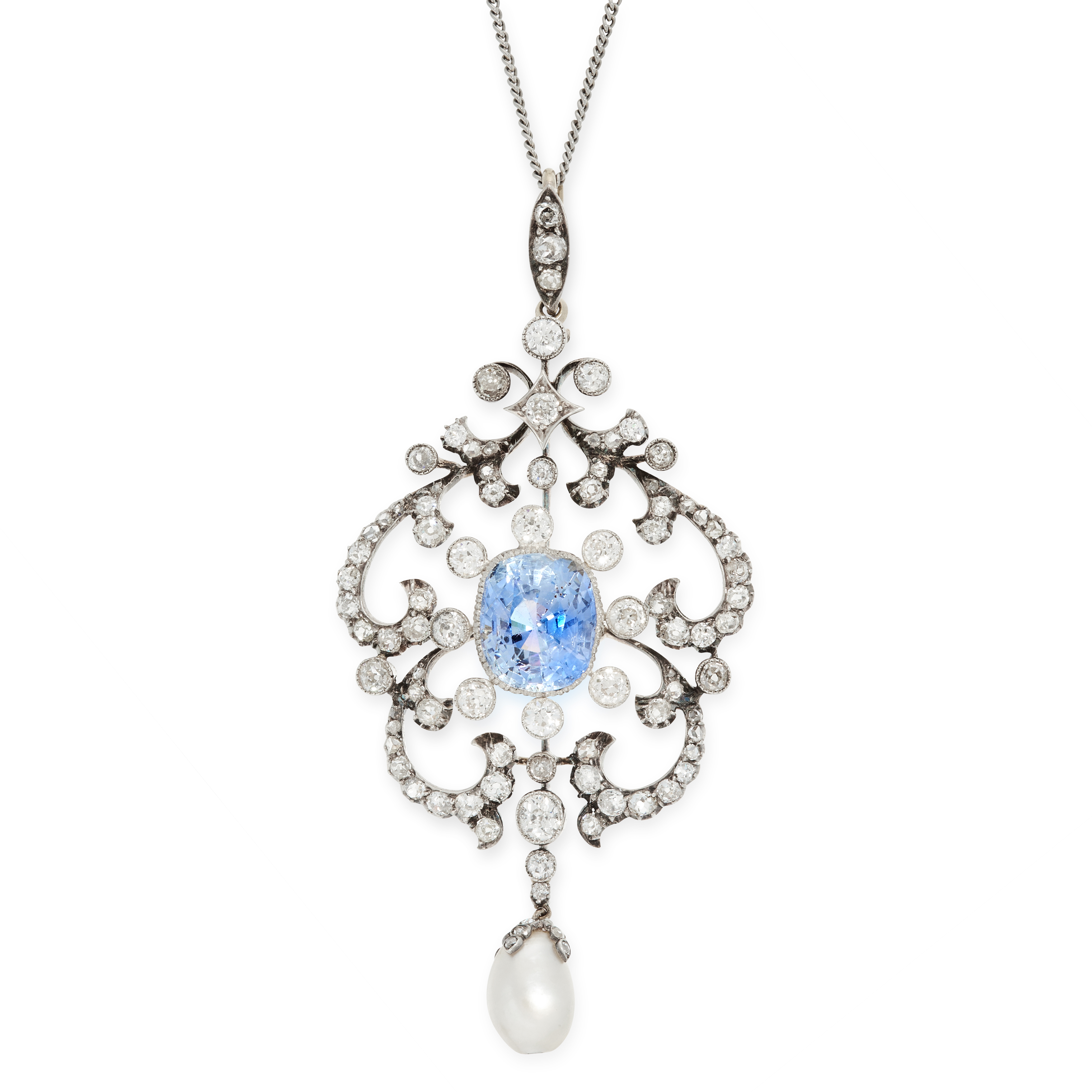 AN ANTIQUE CEYLON NO HEAT SAPPHIRE, NATURAL PEARL AND DIAMOND PENDANT AND CHAIN in yellow gold and
