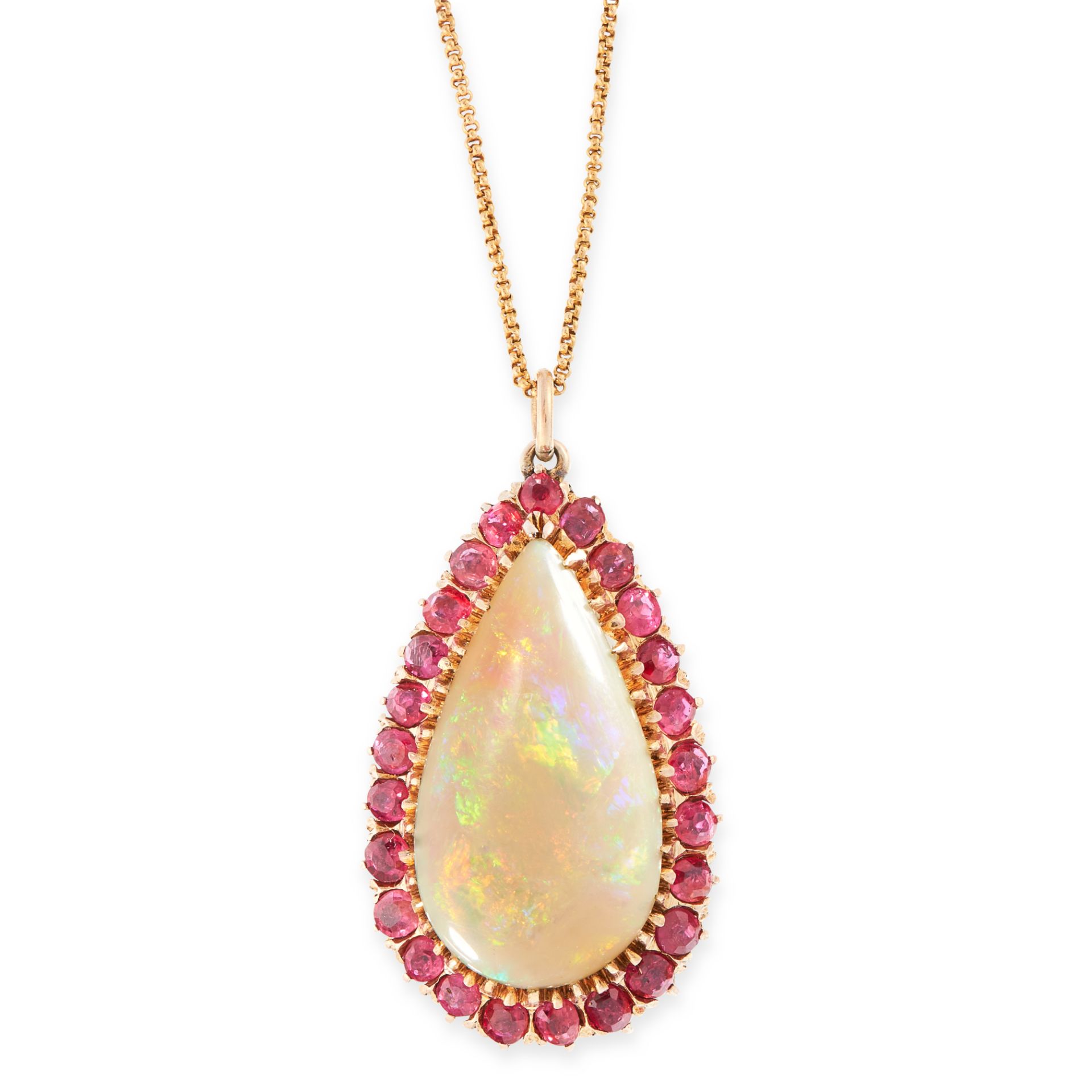 AN OPAL AND RUBY PENDANT AND CHAIN in high carat yellow gold, set with a pear shaped cabochon opal