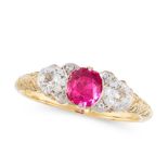 A BURMA NO HEAT RUBY AND DIAMOND DRESS RING in high carat yellow gold, set with a cushion cut ruby