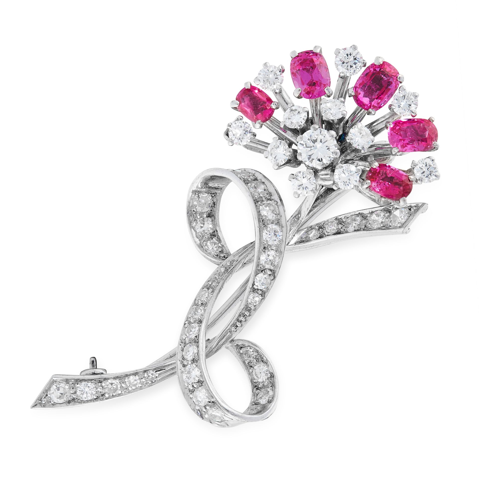 A VINTAGE BURMA NO HEAT RUBY AND DIAMOND BROOCH, H C LTD designed as a floral spray accented by