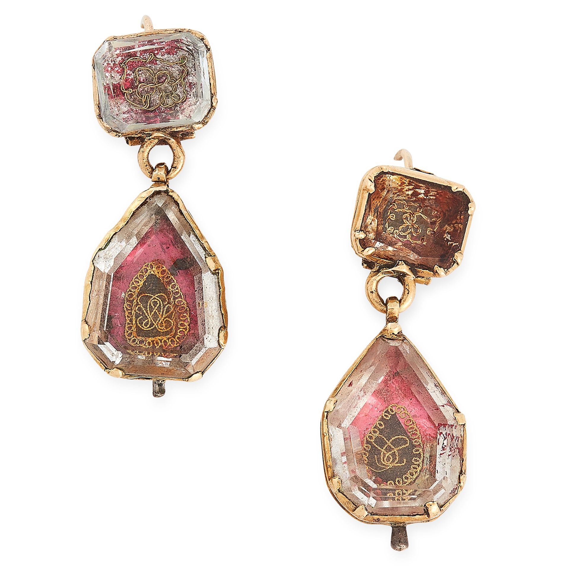 A PAIR OF ANTIQUE STUART CRYSTAL MOURNING EARRINGS, 18TH CENTURY in high carat yellow gold, each