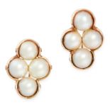 A PAIR OF PEARL EARRINGS in yellow gold, each set with four pearls in quatrefoil design, unmarked,