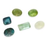 A MIXED LOT OF UNMOUNTED GREEN TOURMALINE including emerald cut, cushion cut, oval cut and cabochon,