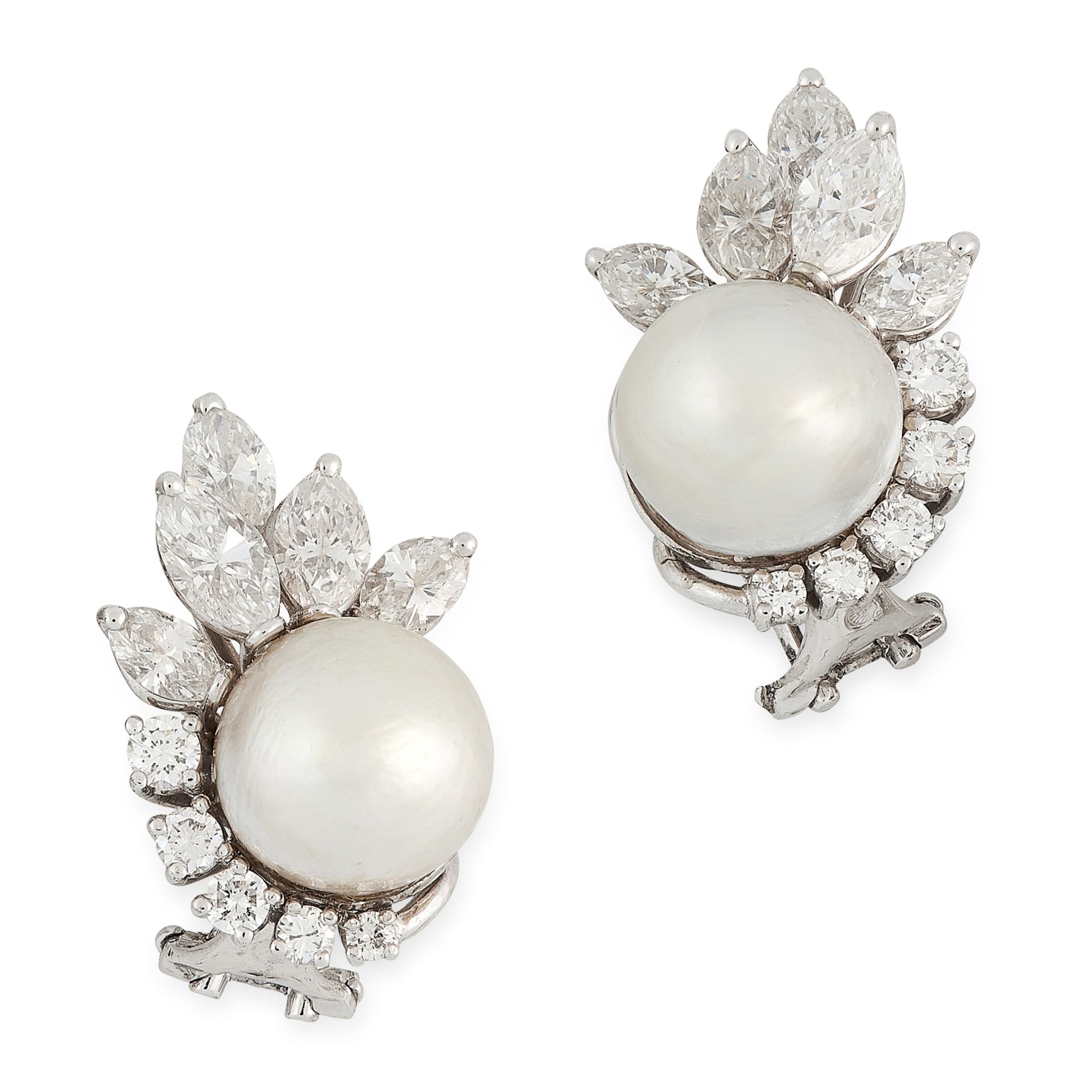 A PAIR OF NATURAL PEARL AND DIAMOND EARRINGS in 14ct white gold, each set with a pearl of 9.96 and