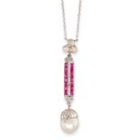 AN ART DECO NATURAL PEARL, RUBY AND DIAMOND PENDANT NECKLACE, EARLY 20TH CENTURY in platinum, set