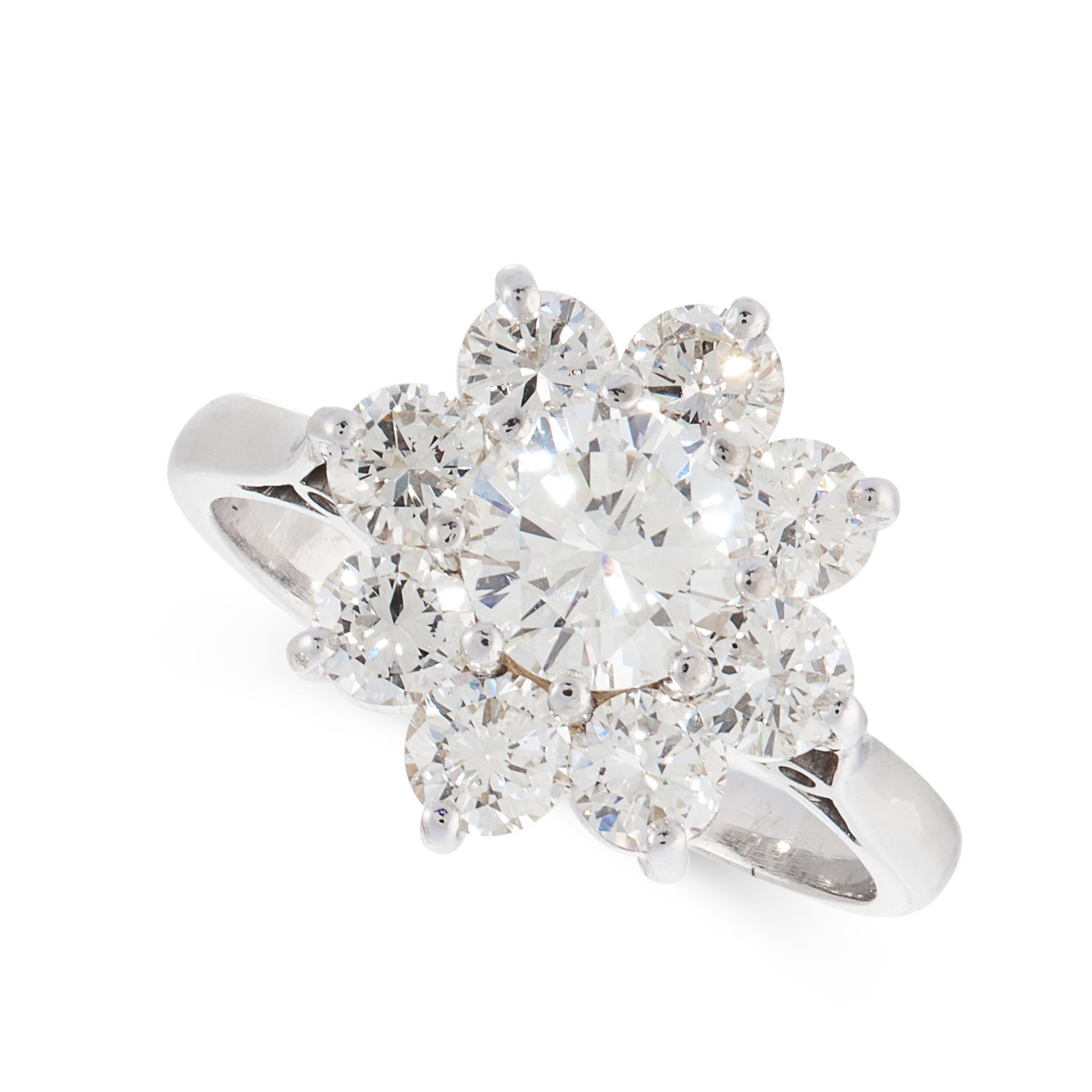 A DIAMOND CLUSTER DRESS RING in 18ct white gold, set with a round cut diamond of 0.97 carats, within