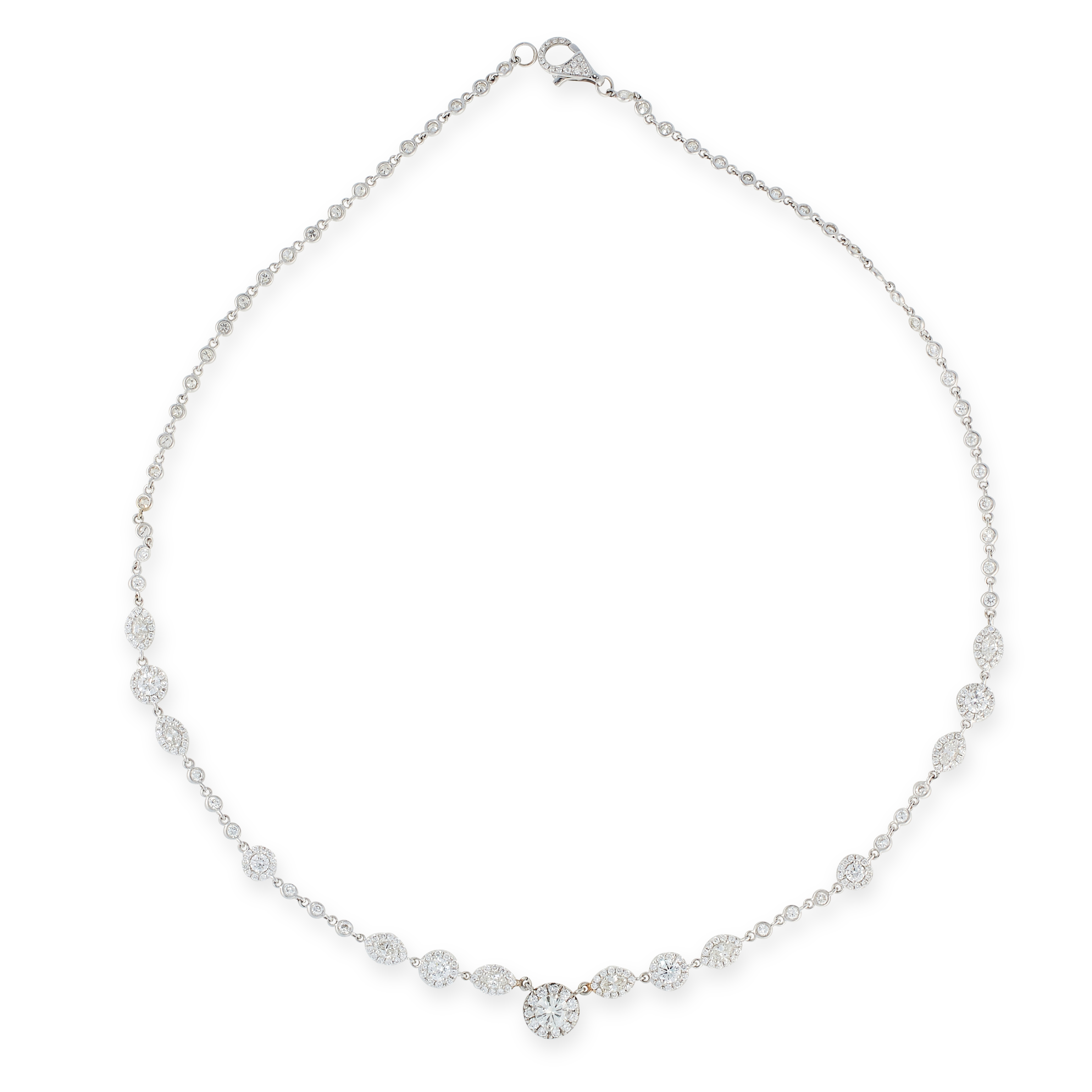 A DIAMOND LINE NECKLACE in 18ct white gold, formed of a row of round cut diamonds punctuated by